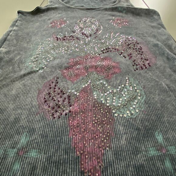 Distressed/Washed Gray Rhinestone Fleur De Lis Grunge Tank Top, Sz S - Picture 8 of 11